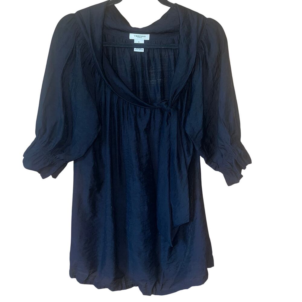 Vertigo Paris Ruffled Black Puff Sleeve Tunic Cute Tied Bow Detail Size Medium